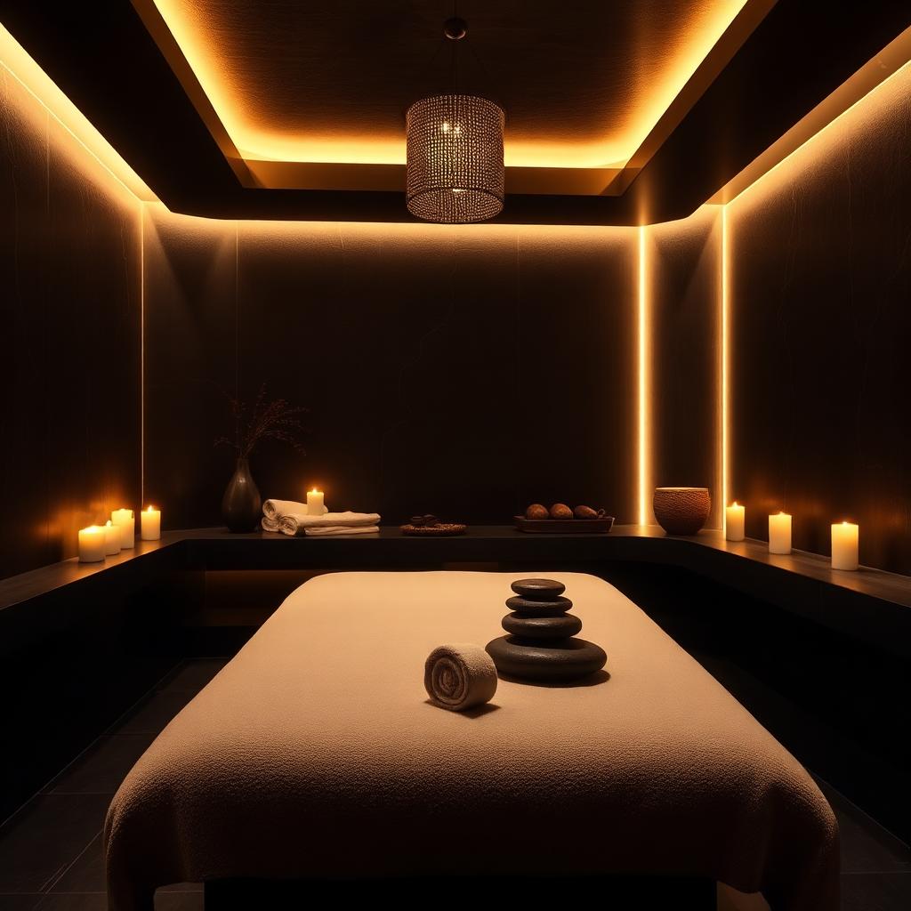 Luxurious dark spa room with candles